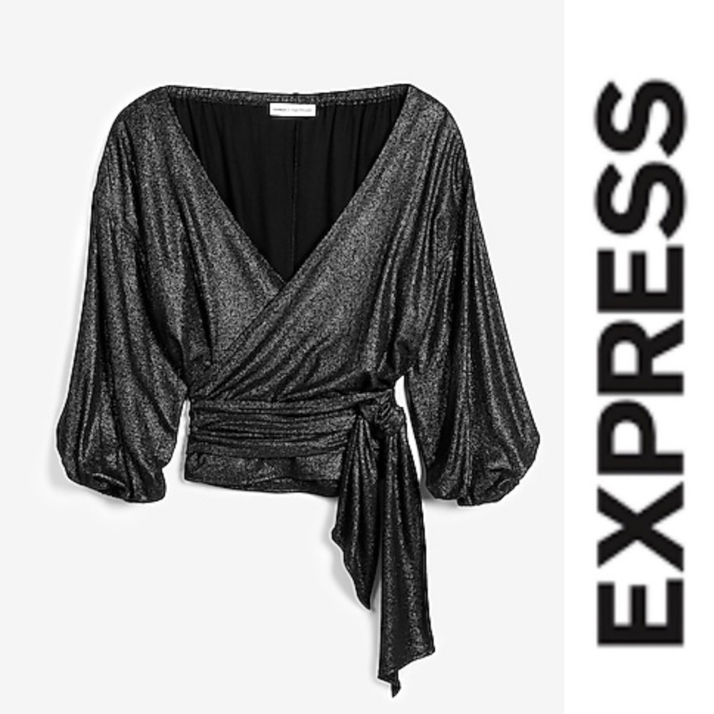 Express x Negin Mirsalehi black metallic wrap top